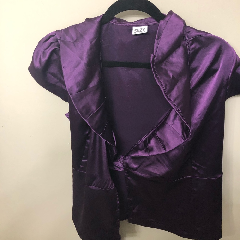 Purple satin wrap shirt with large collar